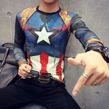 超级英雄美国队长紧身衣潮流3D印花圆领超修身长袖T恤男士运动衣