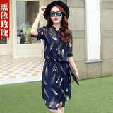 2016夏装新款韩版印花两件套雪纺连衣裙女时尚套装修身中长款裙子