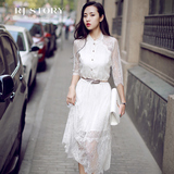 欧洲站女装夏季2016春装欧货新款潮性感白色衬衫连衣裙中长款蕾丝