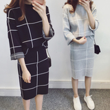 香港代购 2016春款女装连衣裙针织格子上衣半身包裙套装裙 两件套