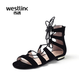 Westlink西遇凉鞋女夏2016新款羊皮绑带露趾低跟拉链平底罗马凉鞋
