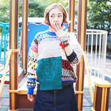 韩国东大门2015秋季新品女装麻花拼接撞色毛衣针织衫宽松套头上衣