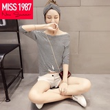 2016夏装新款韩版女士性感露肩一字领中袖T恤条纹打底衫上衣小衫