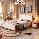 全实木床橡木床1.8米1.5米双人床简约现代地中海婚床欧式白色拼色