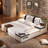 现代榻榻米床真皮床储物床1.8米1.5气动床白色牛皮软体床双人床
