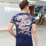 夏季男装中国风印花大码短袖T恤霸气烫钻龙纹身图案修身打底衫潮