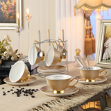 创意欧式陶瓷咖啡杯套装 简约金边创意6件套骨瓷咖啡杯带碟勺架子