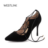 Westlink西遇2016秋季新款女鞋交叉绑带尖头细跟高跟鞋女浅口单鞋