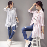 2016韩版时尚宽松大码休闲女装纯棉条纹衬衣中长款长袖衬衫外套