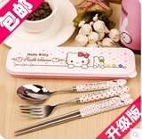 hellokitty可爱陶瓷便携不锈钢筷子套装 勺 韩国卡通餐具三件套盒