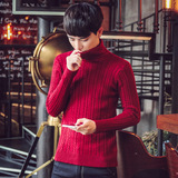 秋冬季男装新款红色套头针织衫韩版修身潮流男士青年保暖高领毛衣