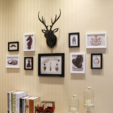 欧式实木照片墙创意家居客厅个性鹿头挂头装饰墙饰相片墙相框9框