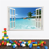 3D墙纸立体墙贴海洋假窗户风景沙滩海景田园地中海餐厅墙壁可移除