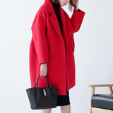 定制款韩版新款茧型宽松中长款廓形大红色外套夹棉羊毛呢子大衣女