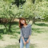 2016夏韩国正品代购女装cherrykoko可爱风翻领系扣撞色格纹衬衫