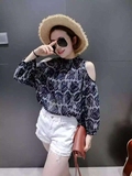 MO&SO正品女装2016新款立领中袖韩版娃娃衫露肩印花雪纺上衣