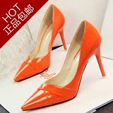 四季单鞋 婚鞋 性感细跟尖头橘色漆皮超高跟女鞋 浅口优雅ol女鞋