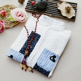 日系文艺复古米奇条纹贴布双层纱娃娃领白色长袖衬衫女衬衣上衣秋