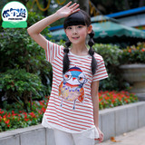 时尚潮女童夏装短袖t恤卡通猫头鹰通条纹上衣中长款9-12-15岁韩版