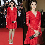 香港代购2016新款范冰冰同款红色V领长袖蕾丝连衣裙新娘敬酒礼服
