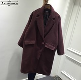2016冬装新款韩版加棉加厚酒红色毛呢大衣超长款茧型羊绒外套女