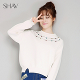 SHAV2015冬季新款女装白色纯棉毛衣女宽松圆领针织衫套头学生上衣