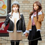 韩国代购冬装机车pu皮麂皮羊羔毛棉服外套女短款学院风鹿皮绒外套