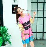 韩国bf风短袖t恤女夏季宽松大码显瘦卡通印花中长款连衣裙个性潮
