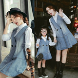 2016春装新款V领牛仔连衣裙衬衣两件套亲子装马甲套装女甜美韩版