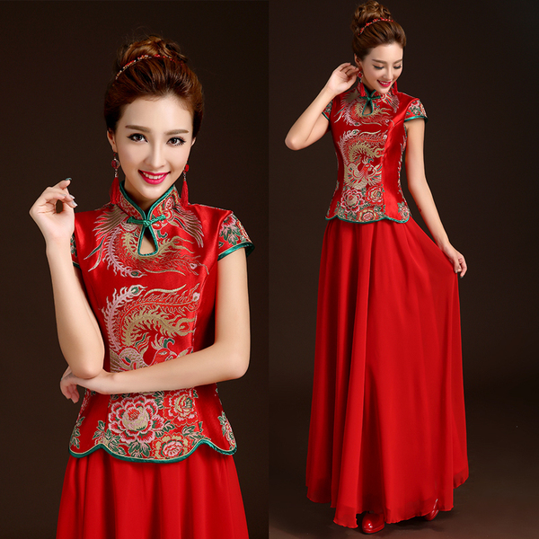 龙凤褂旗袍秋冬季2014新款新娘结婚复古两件套长款红色敬酒礼服图片