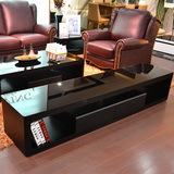 电视机柜钢化玻璃茶几组合矮柜简约现代黑色实木皮客厅家具 可凡