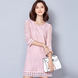 2016春装新款七分袖蕾丝衫女中长款韩版修身镂空蕾丝打底衫上衣