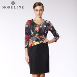 MORELINE沐兰品牌2016年早春新款OL气质铅笔裙 七分袖印花连衣裙