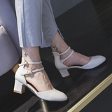 日系学院漆皮纯色中空一字扣带中跟粗跟5cm单鞋圆头2016女鞋优雅