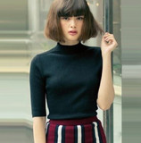 2015韩版秋季半高领五分中袖针织衫女 修身中袖针织毛衣打底衫