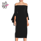 Haoduoyi2016夏装新款 欧美优雅露肩一字领荷叶袖修身显瘦连衣裙