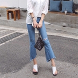 韩国女装正品代购2016夏季新款破洞毛边修身显瘦微喇叭九分牛仔裤