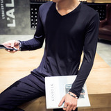 V领长袖T恤男士大码男装衣服纯色打底衫青年体恤韩版潮流学生夏季