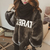 香港代购冬季女装新款韩版贴布字母加厚宽松兔毛毛绒套头卫衣