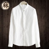 亚麻布男长袖衬衫加肥加大码宽松纯白色打底衬衣日系潮棉麻秋季装