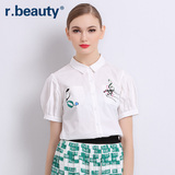 r．beauty夏季女装新品简约灯笼短袖印花大码气质白衬衫r16B8269