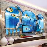 海豚3D立体电视背景墙纸 大型壁画客厅海底无缝卧室床头PVC壁纸