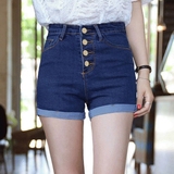 2016韩版新款女装短裤复古修身排扣显瘦薄款弹力高腰牛仔短裤夏季