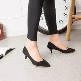 韩版新款职业尖头女单鞋浅口绒面显瘦黑色细跟5厘米高跟鞋伴娘鞋