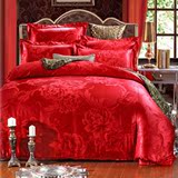 天丝贡缎提花全棉四件套纯棉被套1.8m床床单大红婚庆床上用品欧式