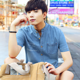 牛仔短袖衬衫男 修身韩版青少年薄款半袖夏季休闲寸衫纯色衬衣潮