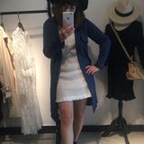 2015韩国女英伦风纯色西装领修身显瘦藏青色中长款系带风衣外套