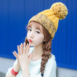 韩国代购秋冬帽子女韩版保暖针织毛线帽加绒加厚简约纯色球球帽子