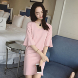 韩国代购2016春夏新款女装小香风粉色修身裙子喇叭袖连衣裙夏纯色
