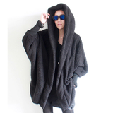 冬季新品韩版加厚保暖宽松蝙蝠袖连帽中长款棉服羊羔毛大衣外套女
